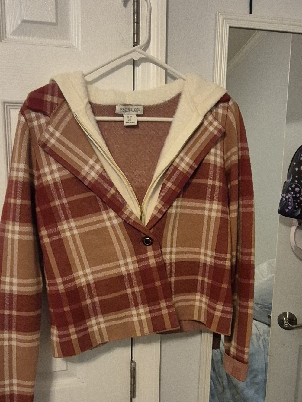Rachel Zoe Plaid Hooded Blazer in Rust and Tan
